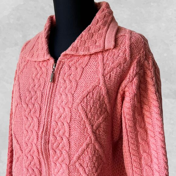 Aran Crafts Irish Merino Wool Coral Pink Collared Zip Cardigan Sweater-Women's M - Picture 1 of 8